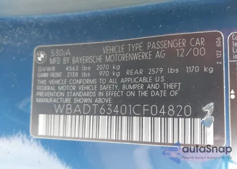 2001 BMW 530Ia from USA, damaged, VIN WBADT63401CF04820